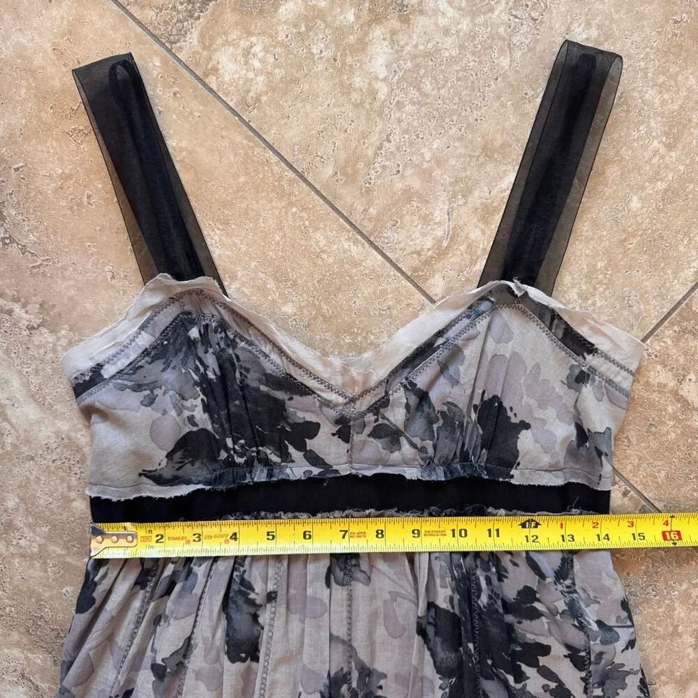 Ann Taylor LOFT Empire Waist Dress Gray Black Floral Sz 2 Whimsigoth Dark Fairy